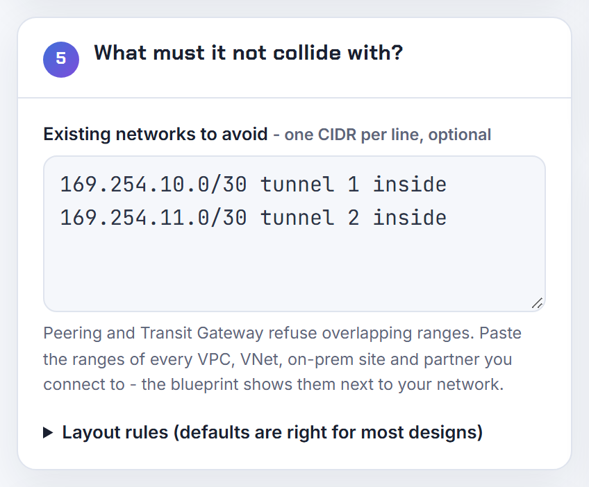 The two /30 inside tunnel ranges, 169.254.10.0/30 and 169.254.11.0/30, in the existing networks box: link-local space that never becomes part of the VPC.