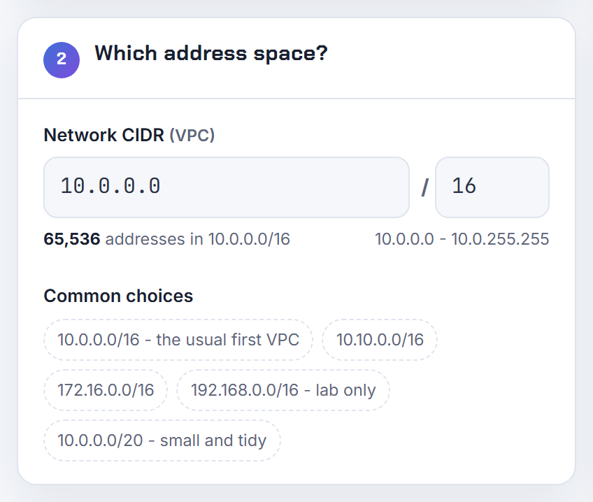 The planner address space input: a plain base address and prefix, the equivalent of the console IPv4 CIDR manual input option.
