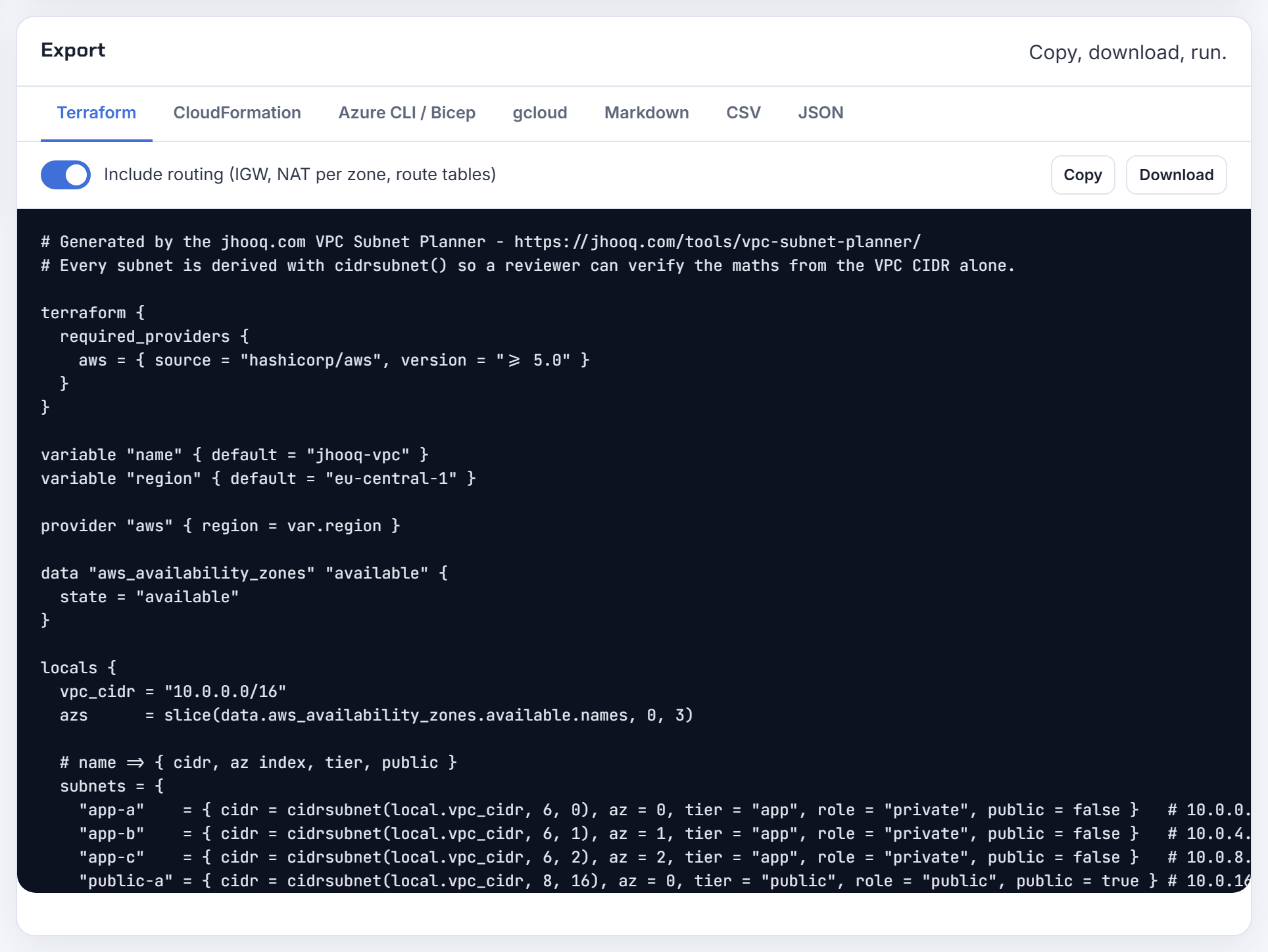 The Terraform export deriving /22 and /24 subnets with cidrsubnet(): 10.0.0.0/22, 10.0.4.0/22 and 10.0.8.0/22, each starting on a multiple of its own size.