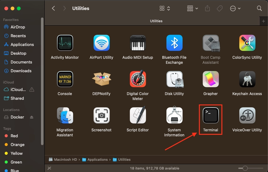 Terminal lives in Applications, Utilities on macOS