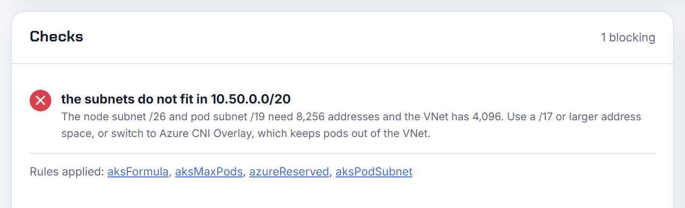 The subnets do not fit in 10.50.0.0/20: the node subnet /26 and pod subnet /19 need 8,256 addresses and the VNet has 4,096; a /17 or Overlay would do