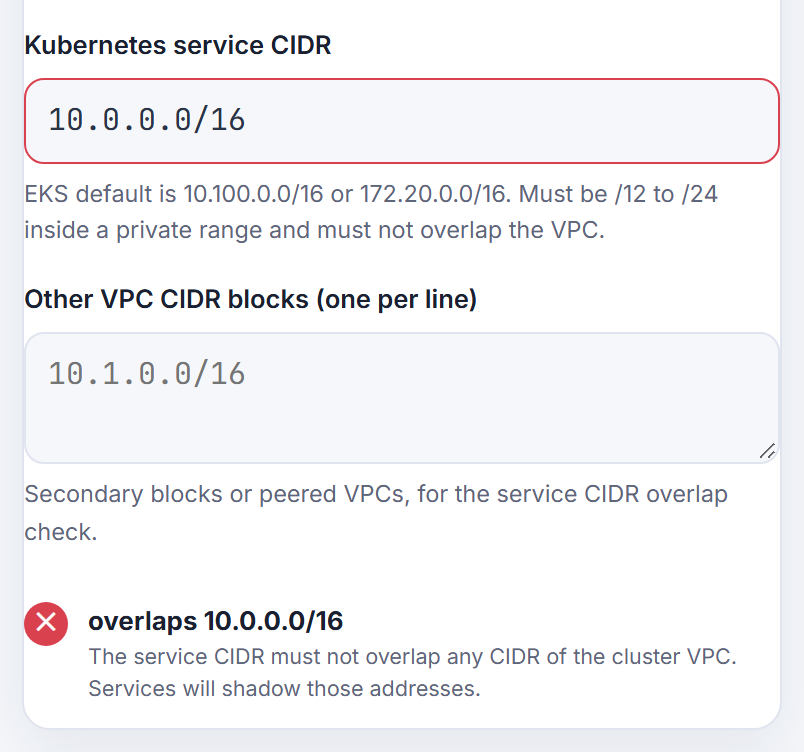 A service CIDR of 10.0.0.0/16 against a VPC of 10.0.0.0/16: the check flags the overlap and explains that Services would shadow the VPC addresses