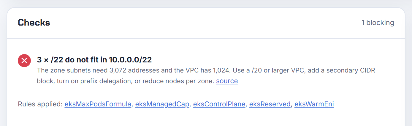 3 × /22 do not fit in 10.0.0.0/22: the zone subnets need 3,072 addresses and the VPC has 1,024