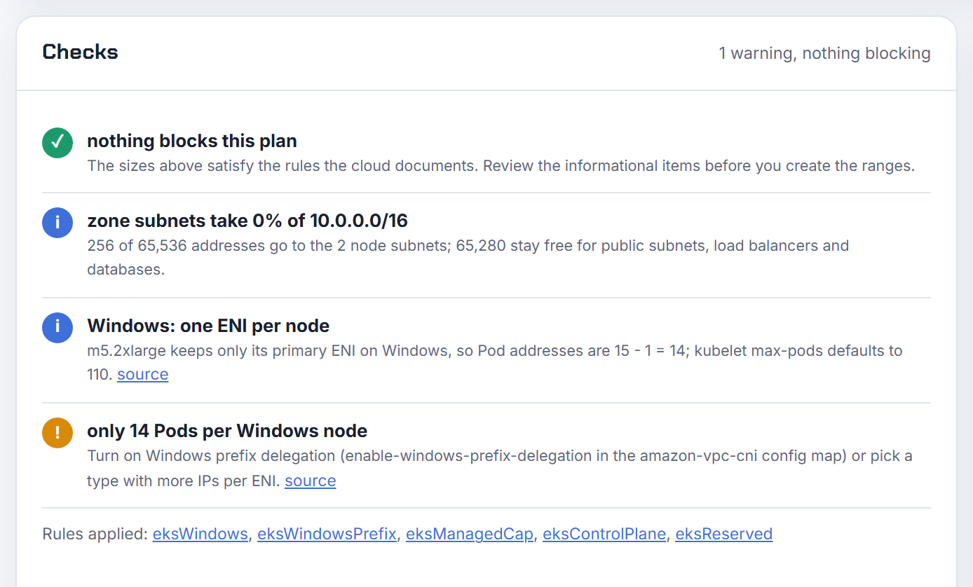 The checks for the same plan: only 14 pods per Windows node, turn on Windows prefix delegation or pick a type with more IPs per ENI