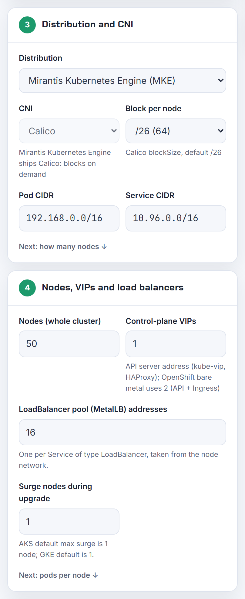 Steps 3 and 4 for on-premises: distribution and CNI, the block per node, pod and service CIDR, then nodes, control-plane VIPs and the MetalLB pool
