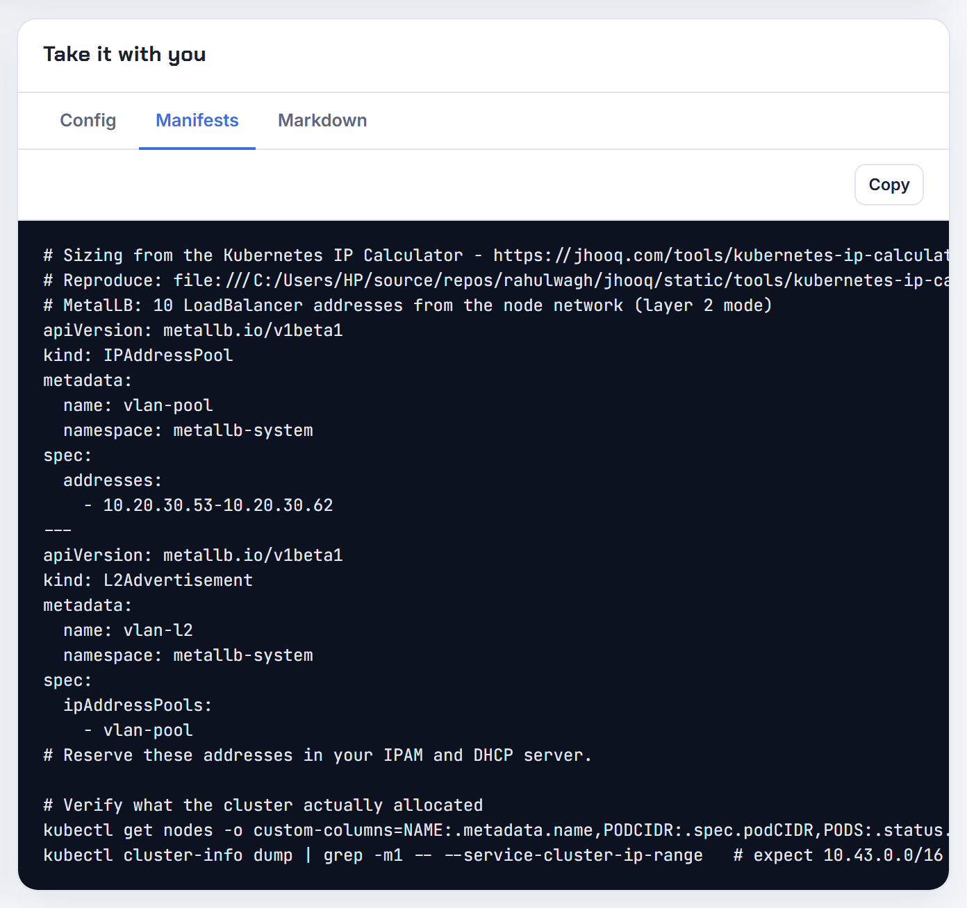 The Manifests tab: a MetalLB IPAddressPool with the range 10.20.30.53-10.20.30.62, an L2Advertisement, and the kubectl commands that verify the podCIDR and allocatable pods on real nodes