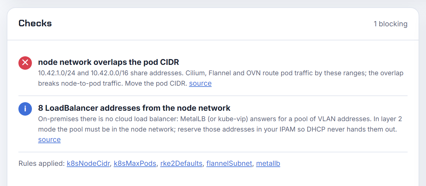 A node network of 10.42.1.0/24 with RKE2's 10.42.0.0/16 pod CIDR: the check blocks the plan and says to move the pod CIDR