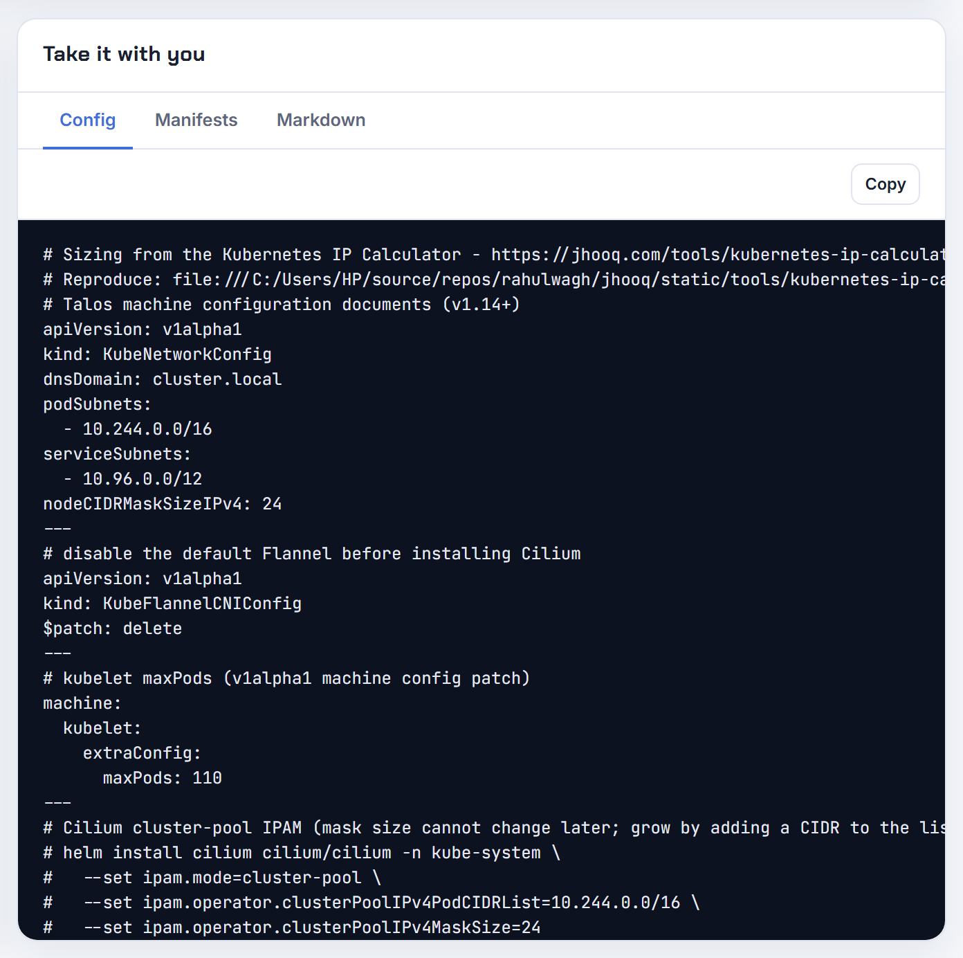 Talos with Cilium: the KubeNetworkConfig document with podSubnets, serviceSubnets and nodeCIDRMaskSizeIPv4, the Flannel document deleted, kubelet maxPods, and the Cilium cluster-pool helm flags