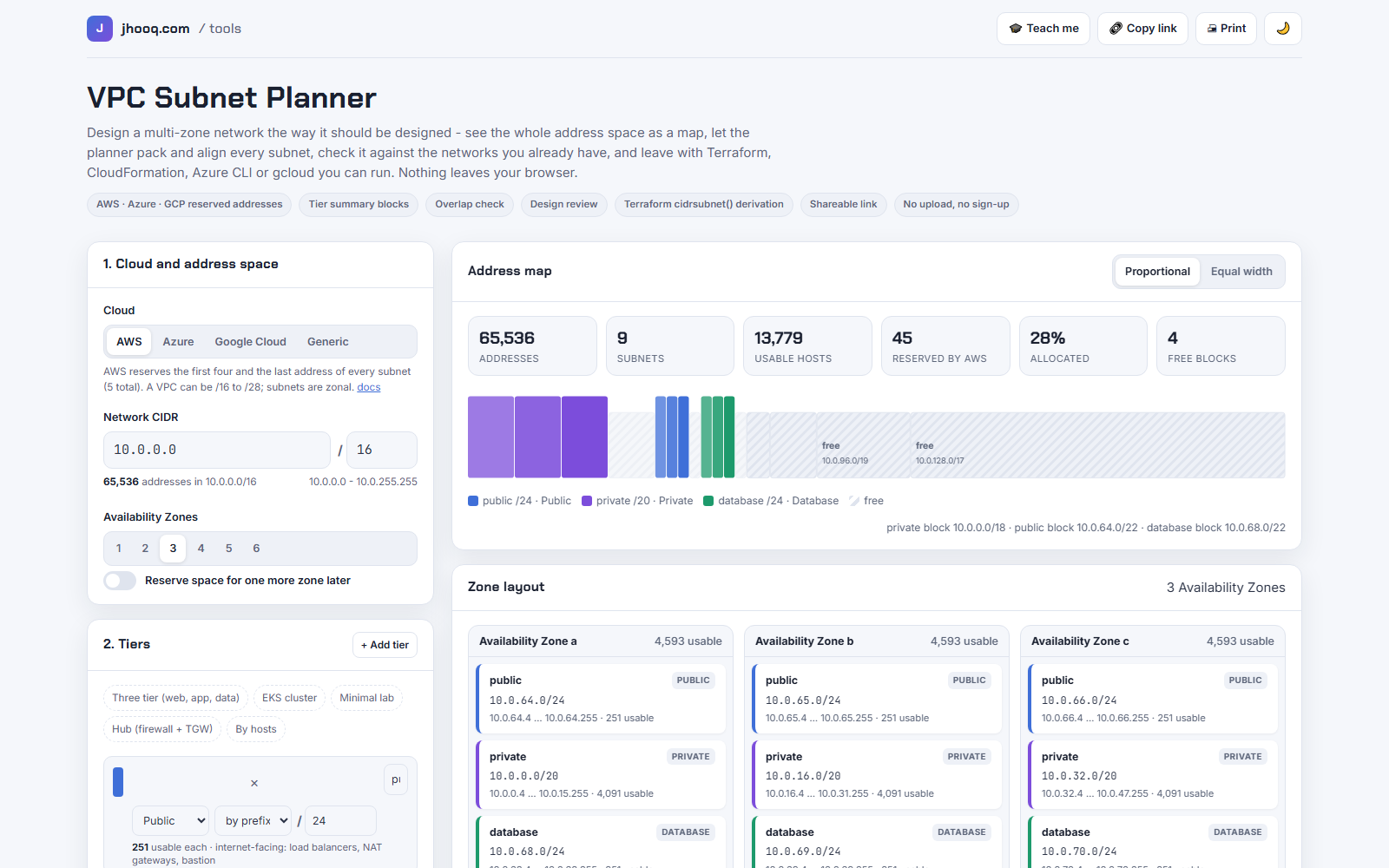 VPC Subnet Planner - three-tier AWS plan in 10.0.0.0/16 across three Availability Zones