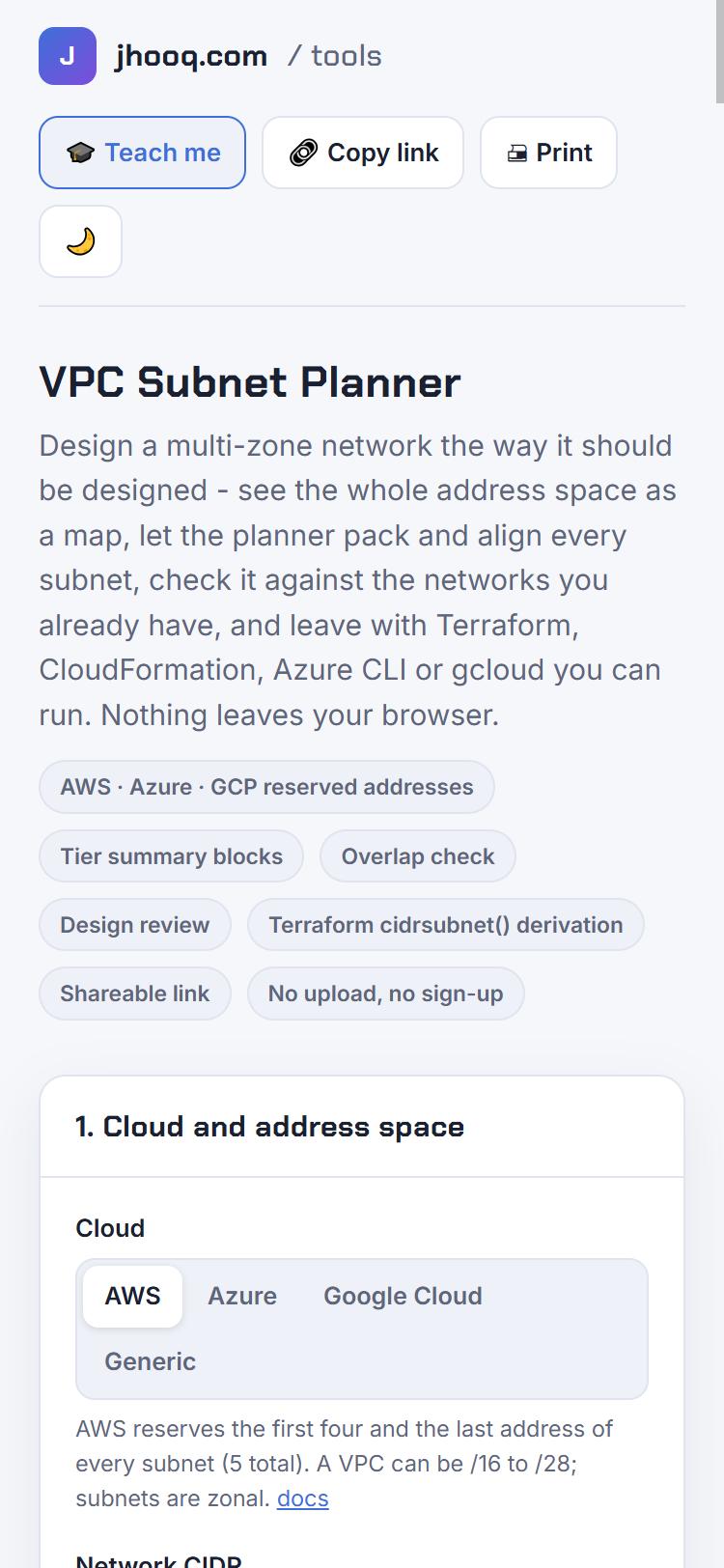 VPC Subnet Planner on a 375 px phone viewport